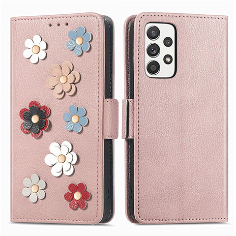 Coque Portefeuille Fleurs Livre Cuir Etui Clapet S02D pour Samsung Galaxy A52 4G Or Rose