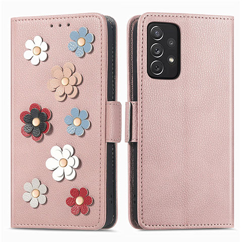 Coque Portefeuille Fleurs Livre Cuir Etui Clapet S02D pour Samsung Galaxy A72 5G Or Rose