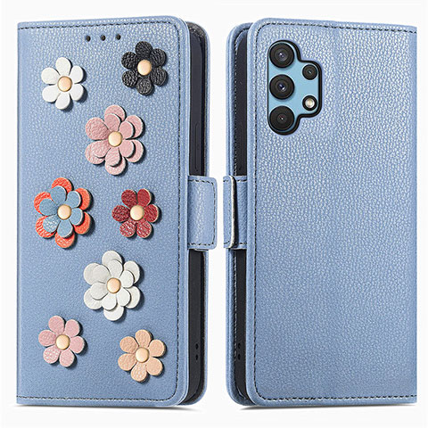 Coque Portefeuille Fleurs Livre Cuir Etui Clapet S02D pour Samsung Galaxy M32 5G Bleu