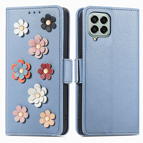 Coque Portefeuille Fleurs Livre Cuir Etui Clapet S02D pour Samsung Galaxy M33 5G Bleu