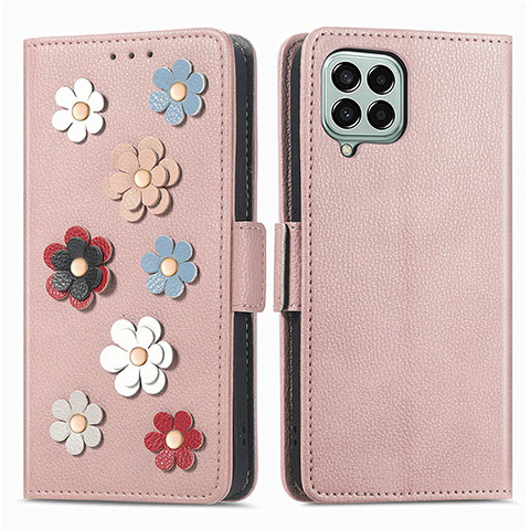 Coque Portefeuille Fleurs Livre Cuir Etui Clapet S02D pour Samsung Galaxy M33 5G Or Rose