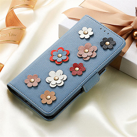 Coque Portefeuille Fleurs Livre Cuir Etui Clapet S02D pour Samsung Galaxy S21 FE 5G Bleu