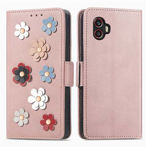 Coque Portefeuille Fleurs Livre Cuir Etui Clapet S02D pour Samsung Galaxy XCover 6 Pro 5G Or Rose