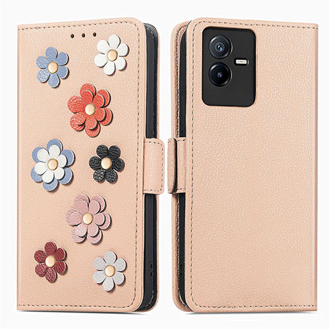 Coque Portefeuille Fleurs Livre Cuir Etui Clapet S02D pour Vivo iQOO Z6x Kaki