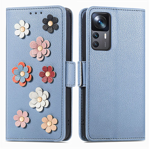 Coque Portefeuille Fleurs Livre Cuir Etui Clapet S02D pour Xiaomi Mi 12T 5G Bleu