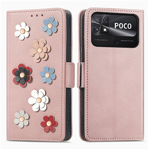 Coque Portefeuille Fleurs Livre Cuir Etui Clapet S02D pour Xiaomi Poco C40 Or Rose