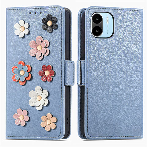 Coque Portefeuille Fleurs Livre Cuir Etui Clapet S02D pour Xiaomi Poco C50 Bleu