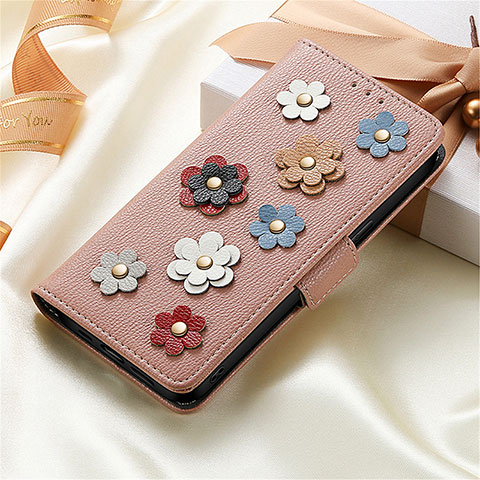 Coque Portefeuille Fleurs Livre Cuir Etui Clapet S04D pour Google Pixel 6a 5G Or Rose