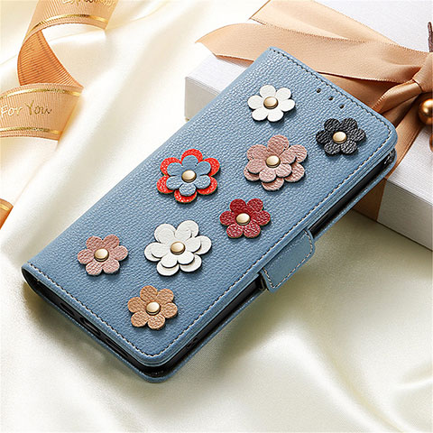 Coque Portefeuille Fleurs Livre Cuir Etui Clapet S04D pour Huawei Honor X7 Bleu