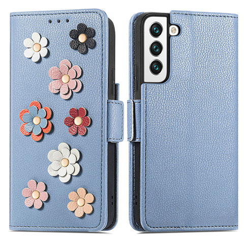 Coque Portefeuille Fleurs Livre Cuir Etui Clapet S04D pour Samsung Galaxy S21 5G Bleu