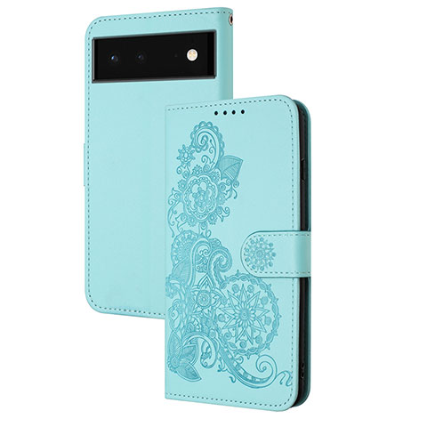 Coque Portefeuille Fleurs Livre Cuir Etui Clapet Y01X pour Google Pixel 6 Pro 5G Bleu Clair