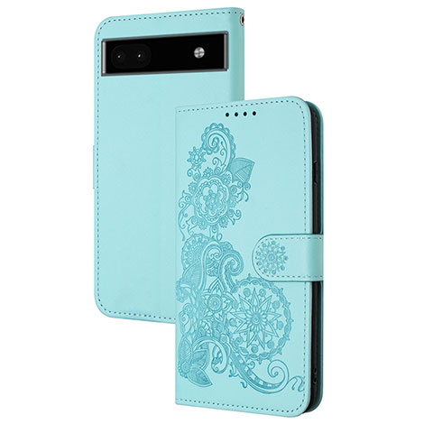 Coque Portefeuille Fleurs Livre Cuir Etui Clapet Y01X pour Google Pixel 6a 5G Bleu Clair