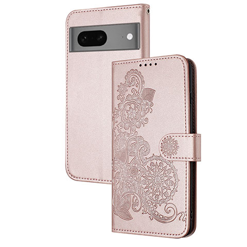 Coque Portefeuille Fleurs Livre Cuir Etui Clapet Y01X pour Google Pixel 7 5G Or Rose