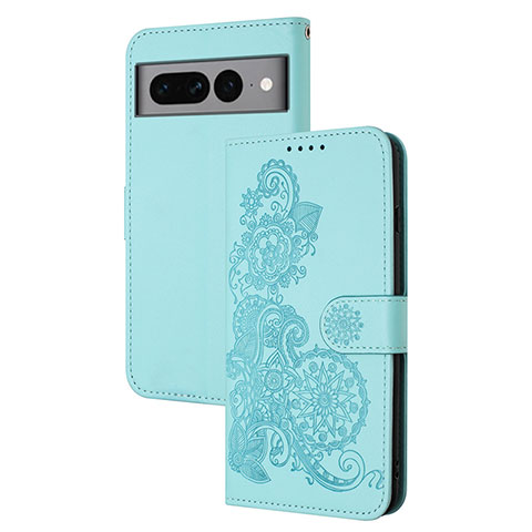 Coque Portefeuille Fleurs Livre Cuir Etui Clapet Y01X pour Google Pixel 7 Pro 5G Bleu Clair