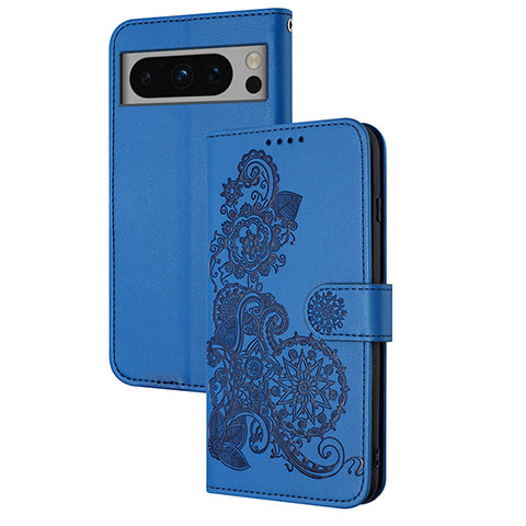 Coque Portefeuille Fleurs Livre Cuir Etui Clapet Y01X pour Google Pixel 8 Pro 5G Bleu