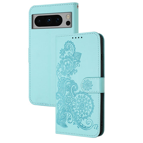 Coque Portefeuille Fleurs Livre Cuir Etui Clapet Y01X pour Google Pixel 8 Pro 5G Bleu Clair