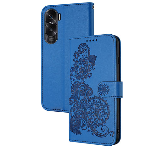 Coque Portefeuille Fleurs Livre Cuir Etui Clapet Y01X pour Huawei Honor 90 Lite 5G Bleu