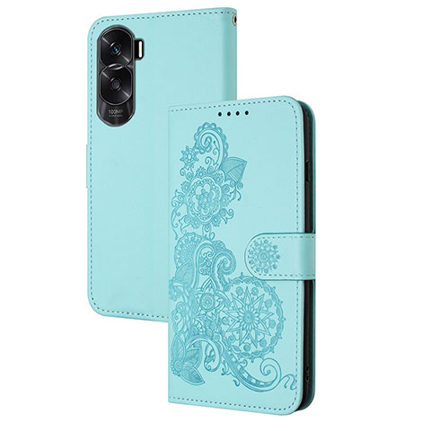 Coque Portefeuille Fleurs Livre Cuir Etui Clapet Y01X pour Huawei Honor 90 Lite 5G Bleu Clair