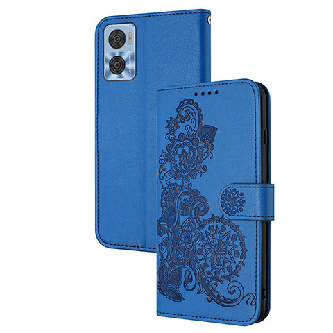 Coque Portefeuille Fleurs Livre Cuir Etui Clapet Y01X pour Motorola Moto E22 Bleu