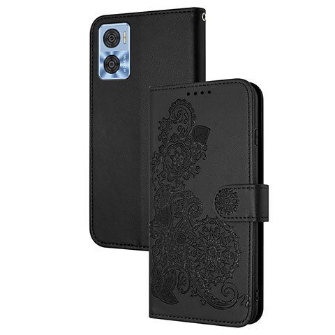 Coque Portefeuille Fleurs Livre Cuir Etui Clapet Y01X pour Motorola Moto E22 Noir