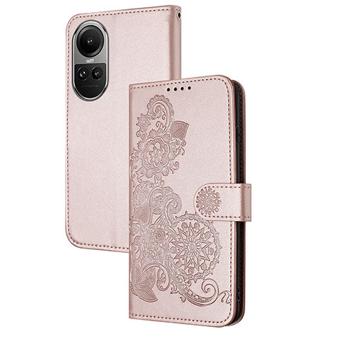 Coque Portefeuille Fleurs Livre Cuir Etui Clapet Y01X pour Oppo Reno10 5G Or Rose