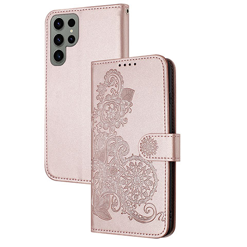 Coque Portefeuille Fleurs Livre Cuir Etui Clapet Y01X pour Samsung Galaxy S22 Ultra 5G Or Rose