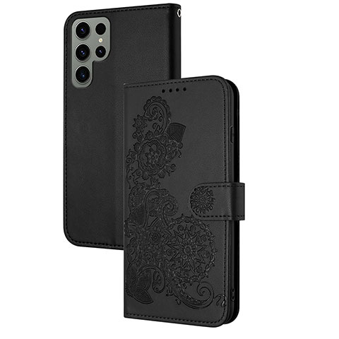 Coque Portefeuille Fleurs Livre Cuir Etui Clapet Y01X pour Samsung Galaxy S23 Ultra 5G Noir