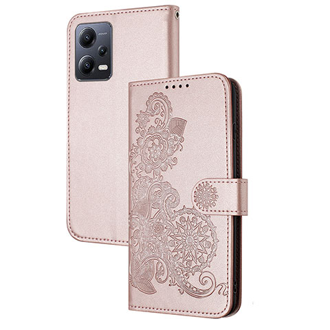 Coque Portefeuille Fleurs Livre Cuir Etui Clapet Y01X pour Xiaomi Redmi Note 12 5G Or Rose