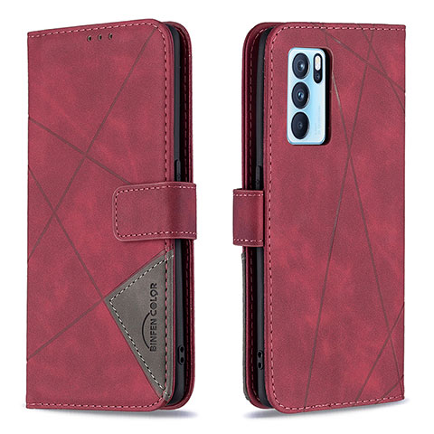 Coque Portefeuille Livre Cuir Etui Clapet B08F pour Oppo Reno6 Pro 5G India Rouge