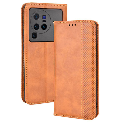 Coque Portefeuille Livre Cuir Etui Clapet BY4 pour Vivo X80 Pro 5G Marron