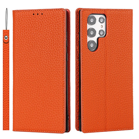 Coque Portefeuille Livre Cuir Etui Clapet D01T pour Samsung Galaxy S22 Ultra 5G Orange