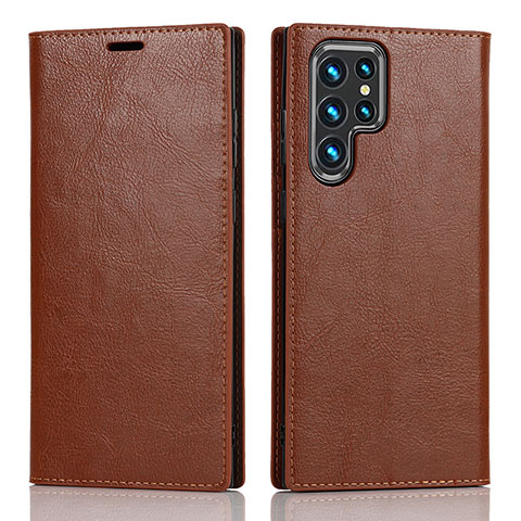 Coque Portefeuille Livre Cuir Etui Clapet D07T pour Samsung Galaxy S22 Ultra 5G Brun Clair