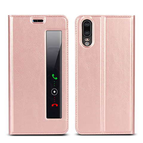 Coque Portefeuille Livre Cuir Etui Clapet L02 pour Huawei P20 Rose