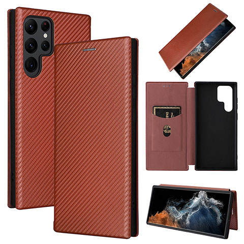 Coque Portefeuille Livre Cuir Etui Clapet L10Z pour Samsung Galaxy S23 Ultra 5G Marron