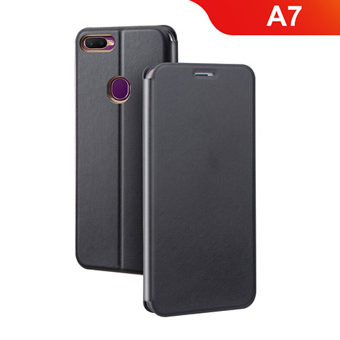 Coque Portefeuille Livre Cuir Etui Clapet pour Oppo A7 Noir