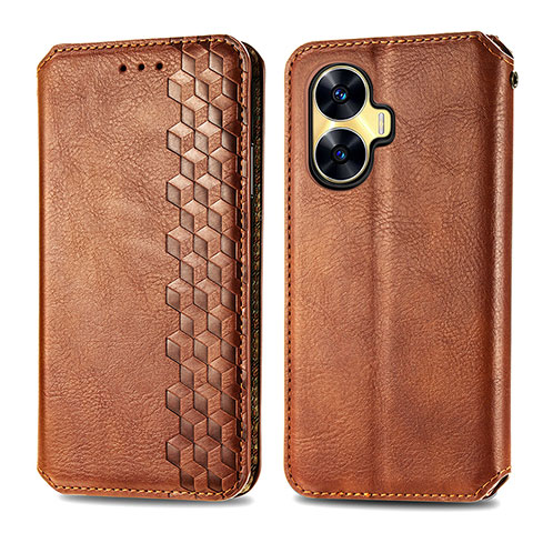 Coque Portefeuille Livre Cuir Etui Clapet S01D pour Realme C55 Marron