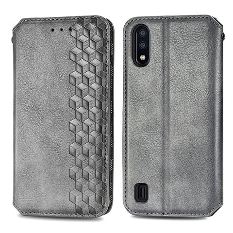 Coque Portefeuille Livre Cuir Etui Clapet S01D pour Samsung Galaxy M01 Gris