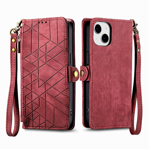 Coque Portefeuille Livre Cuir Etui Clapet S05D pour Apple iPhone 15 Rouge