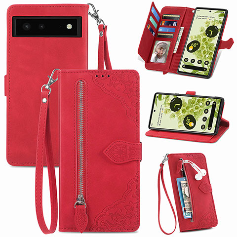 Coque Portefeuille Livre Cuir Etui Clapet S06D pour Google Pixel 6 5G Rouge