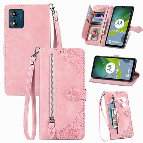 Coque Portefeuille Livre Cuir Etui Clapet S06D pour Motorola Moto E13 Rose