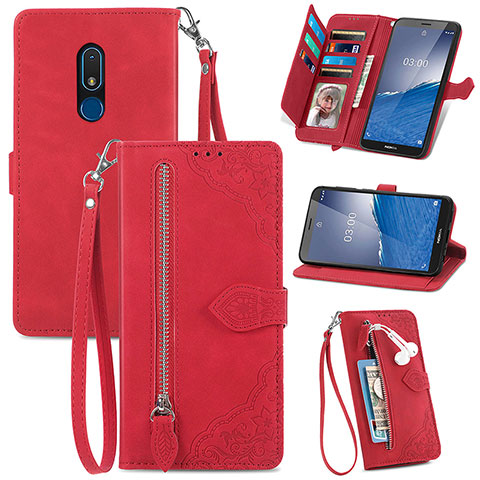 Coque Portefeuille Livre Cuir Etui Clapet S06D pour Nokia C3 Rouge