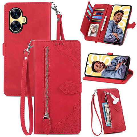 Coque Portefeuille Livre Cuir Etui Clapet S06D pour Realme C55 Rouge