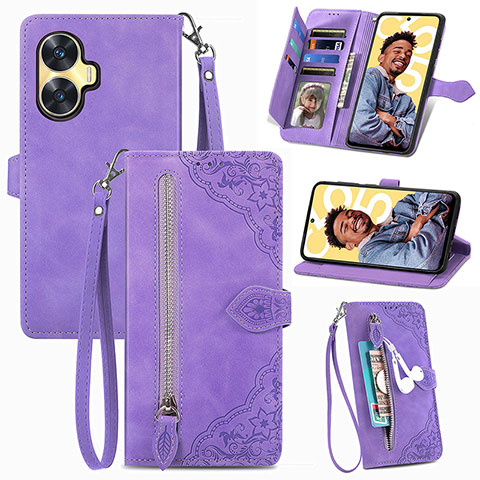 Coque Portefeuille Livre Cuir Etui Clapet S06D pour Realme C55 Violet