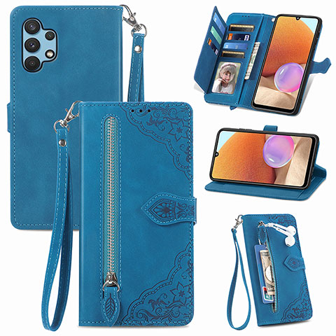 Coque Portefeuille Livre Cuir Etui Clapet S06D pour Samsung Galaxy A32 4G Bleu