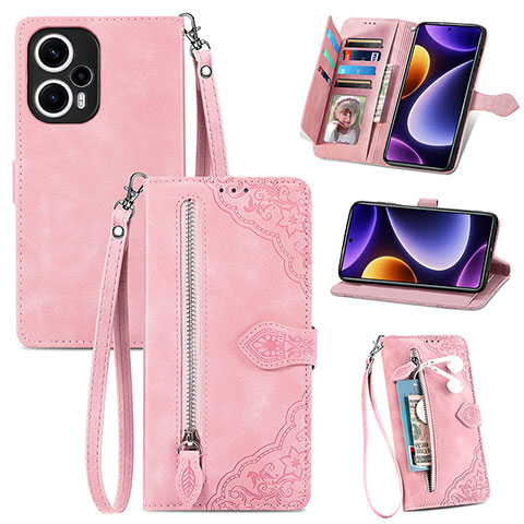 Coque Portefeuille Livre Cuir Etui Clapet S06D pour Xiaomi Poco F5 5G Rose