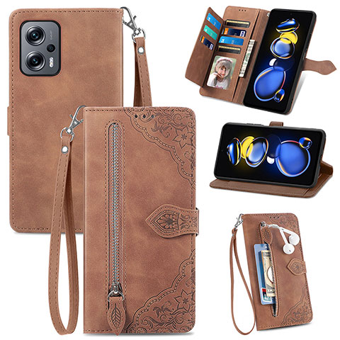 Coque Portefeuille Livre Cuir Etui Clapet S06D pour Xiaomi Redmi Note 11T Pro 5G Marron