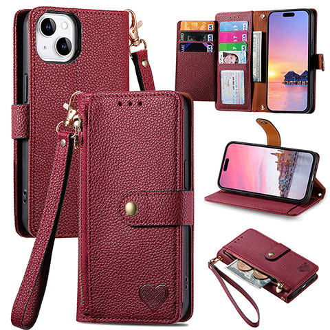 Coque Portefeuille Livre Cuir Etui Clapet S07D pour Apple iPhone 13 Rouge