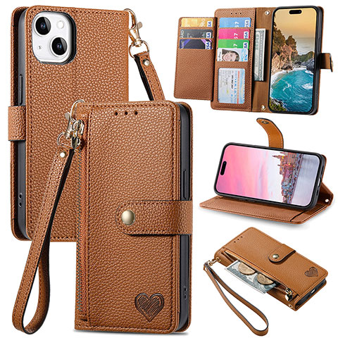 Coque Portefeuille Livre Cuir Etui Clapet S07D pour Apple iPhone 15 Plus Marron