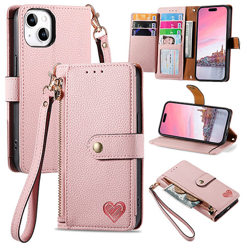 Coque Portefeuille Livre Cuir Etui Clapet S07D pour Apple iPhone 15 Rose