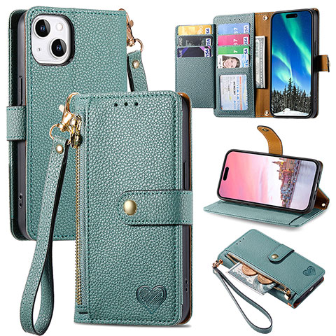 Coque Portefeuille Livre Cuir Etui Clapet S07D pour Apple iPhone 15 Vert